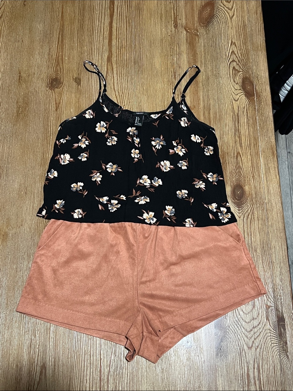 Forever 21 Black Floral Top with Rust Shorts Set